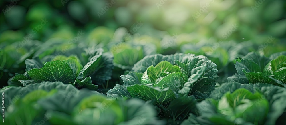 Poster closeup of green cabbage growing in the garden with copy space image