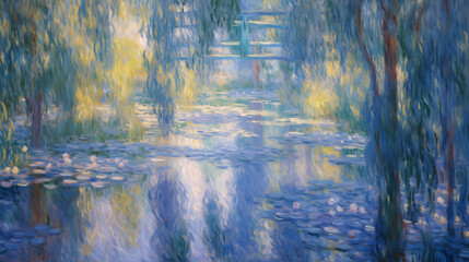 Impressionist summer landscape with water lilies and weeping willows