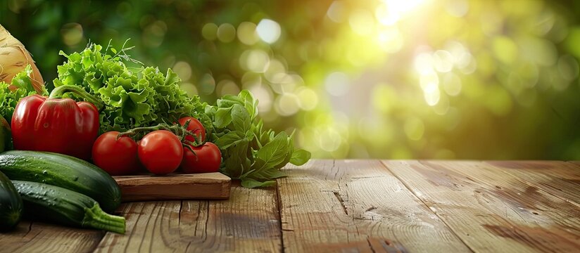 Arranged vegetables on wood board with copy space image