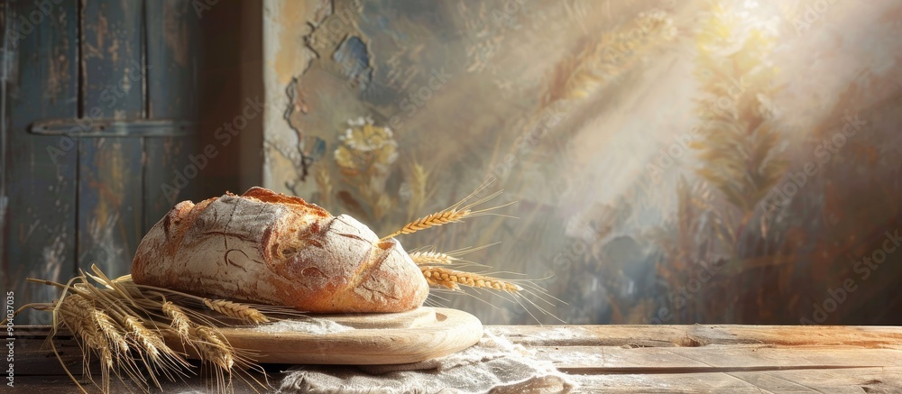 Poster Rustic table showcasing freshly baked bread with wheat creating a cozy setting with copy space image