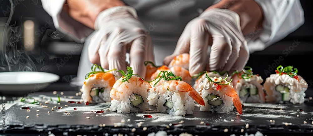 Poster closeup of a chef in gloves preparing shrimp sushi rolls on a black wooden table with a blank backgr