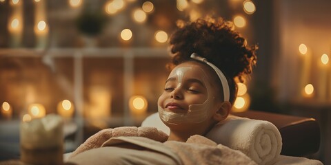 Little girl smiling while receiving a facial treatment at a spa, enjoying the pampering and skincare.