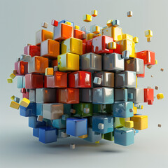 A colorful cube made of many different colored blocks. The blocks are all different sizes and colors, and they are scattered all over the cube. The cube appears to be a 3D model