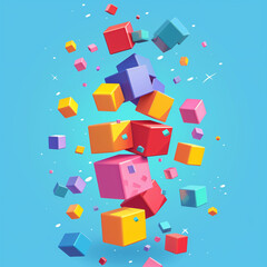 A colorful pile of blocks is flying through the air. The blocks are of various colors and sizes, creating a dynamic and playful scene. Concept of movement and energy
