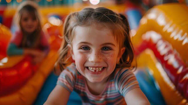 A photo of happy children playing on an inflatable bouncy castle in the park