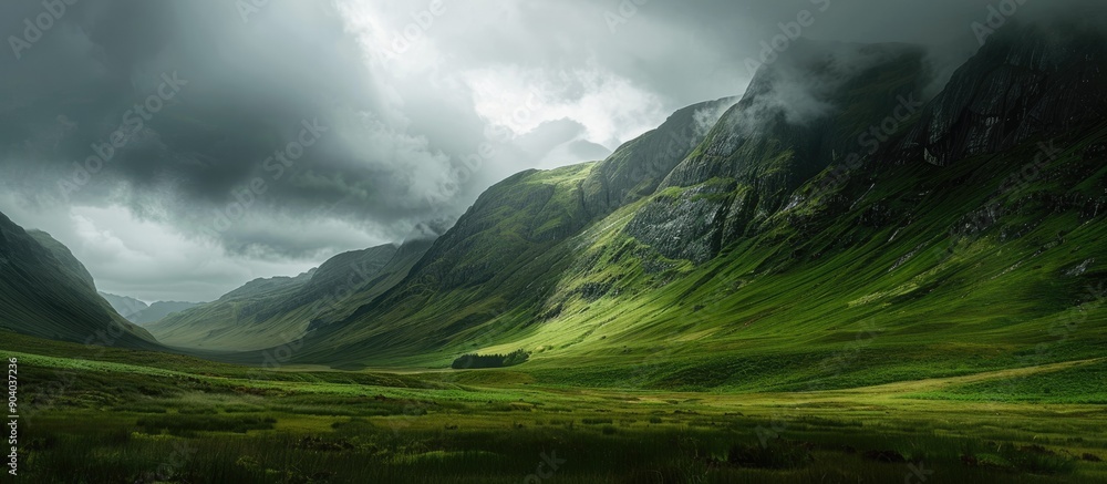 Poster scenic landscape with mountains green grass and a cloudy sky in a captivating copy space image