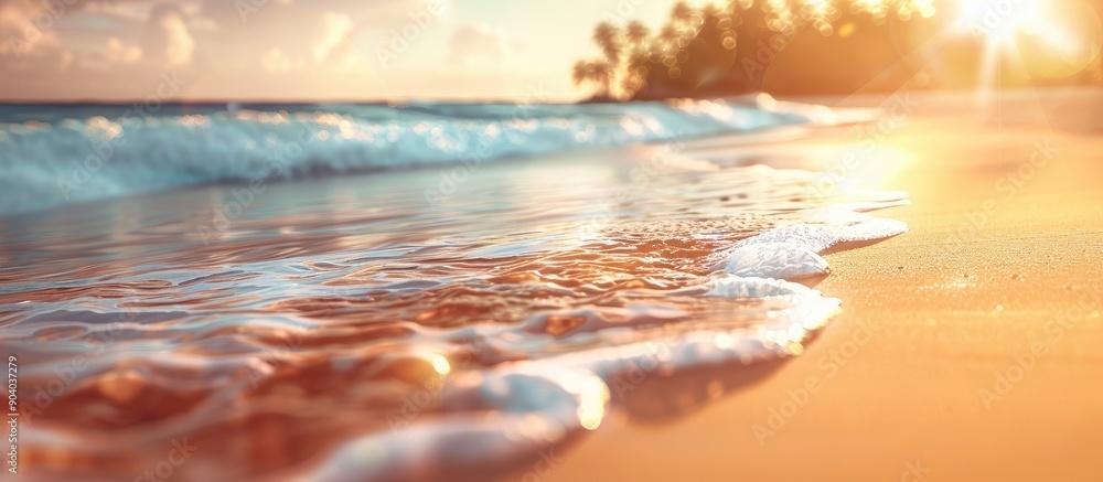 Poster Beautiful tropical beach blurred with sunlight waves creating an abstract background for summer vacation and holiday concepts with a copy space image