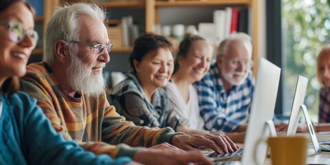 Seniors and community members studying in a public library, using computers and enjoying education together.