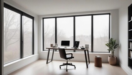 Modern office with sleek white desks and minimalistic decor

