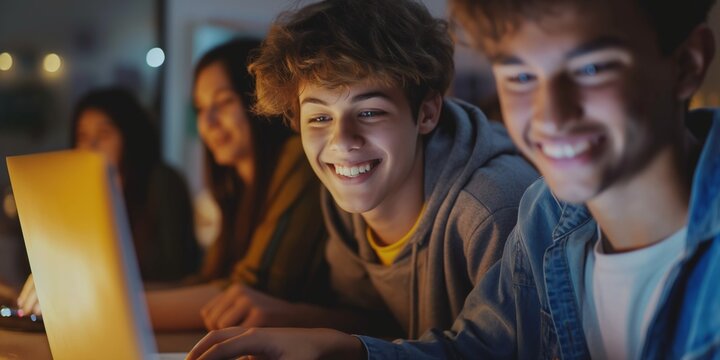 Teenagers laugh and play computer games together at a desk.