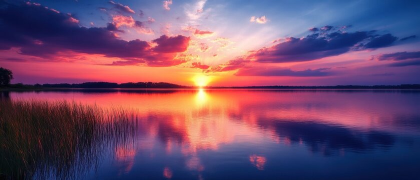 A vibrant sunset over a tranquil lake with reflections 
