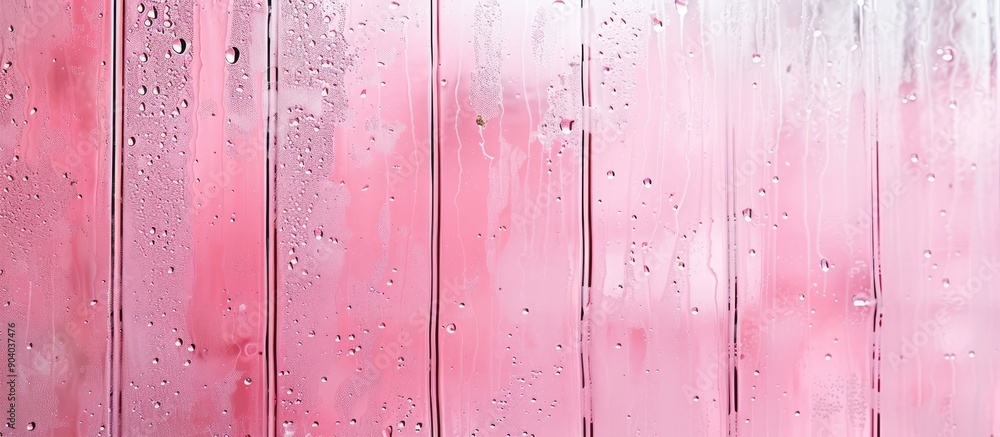 Poster Vertical lines segment the misted glass texture with water droplets creating sections against a pink strip in the background perfect for a copy space image