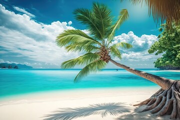 Palm tree bending over a tropical beach.