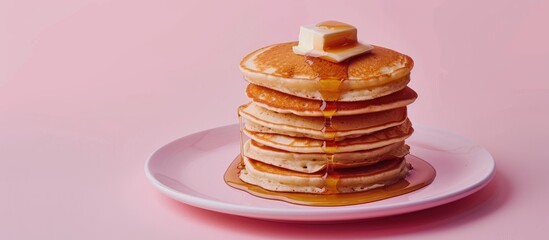 Close up image of a stack of homemade pancakes with butter and maple syrup on a pink plate viewed from a low angle with copy space image