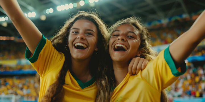Soccer fans cheering and celebrating a win at the stadium, enjoying the excitement together.