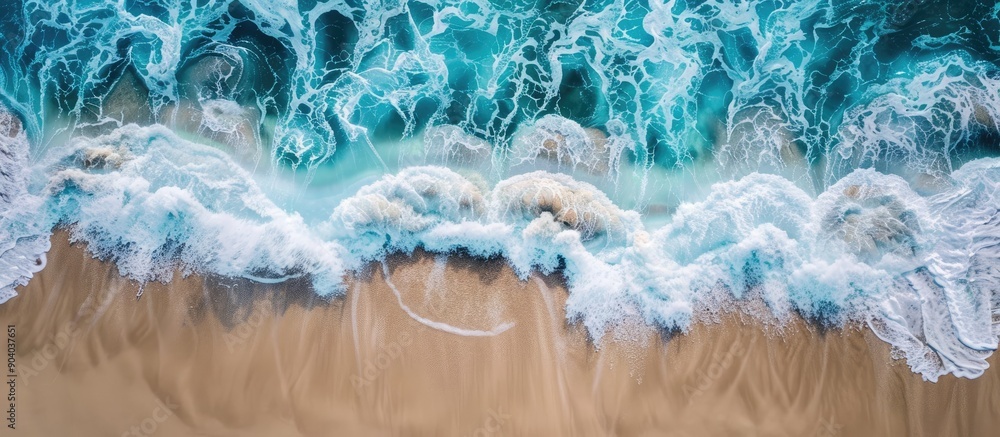 Poster Aerial view captured by a drone shows waves crashing on a sandy beach creating mesmerizing patterns in the crystal clear water with white foam ideal for copy space images