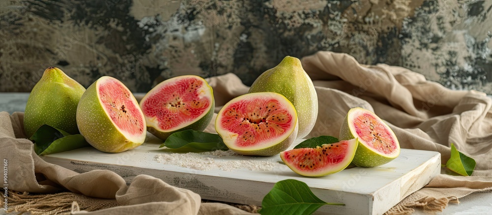 Poster Guava fruit and slices arranged on a white board with a rustic fabric in the background 16 characters including spaces. . image with copy space