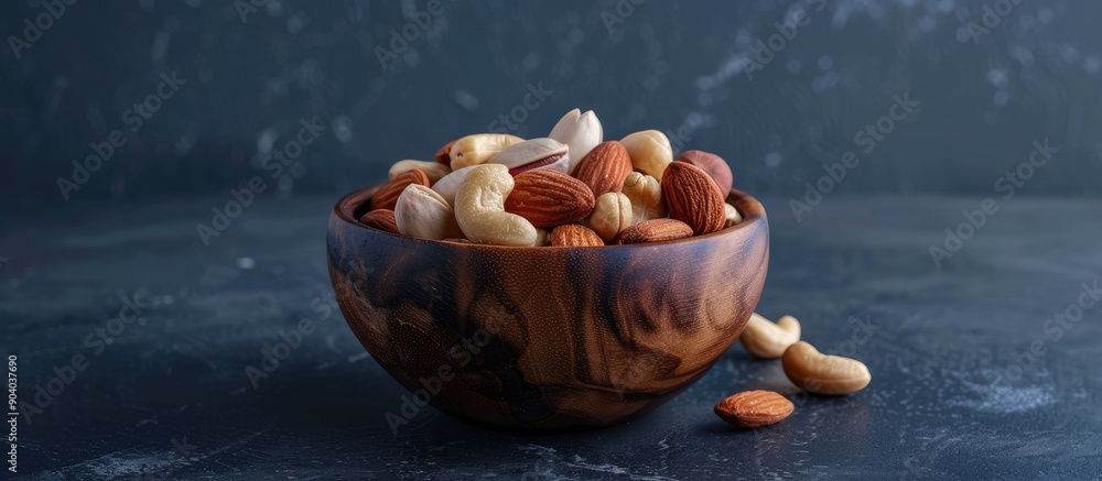 Aufkleber Mixed nuts in a wooden bowl placed on a dark background creating a wholesome and nutritious snack perfect for a copy space image