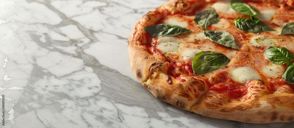 Poster Closeup of a tasty Margherita pizza topped with fresh basil on a grey tabletop with space for text or other images. . image with copy space