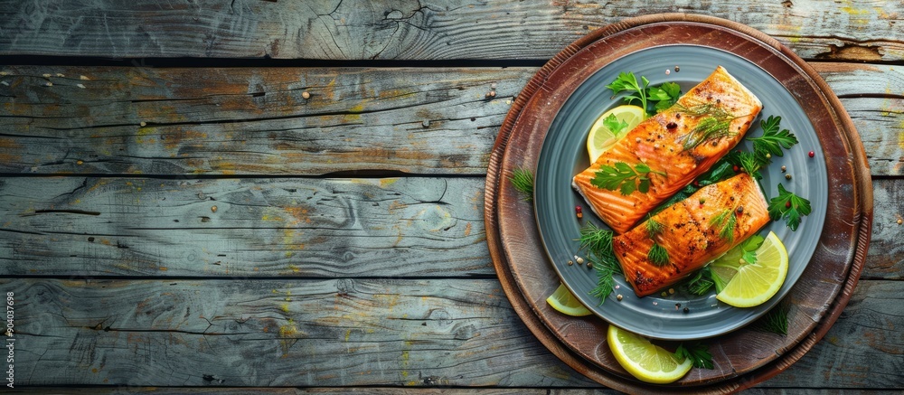 Poster salmon fillet with herbs and lemon on a plate against a wooden backdrop with copy space image