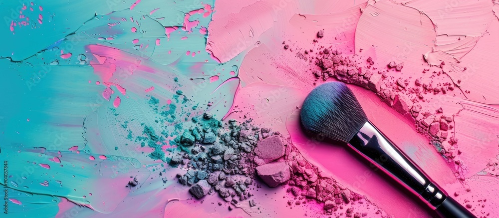 Poster Apply a professional make up brush to vivid crushed eyeshadow on a colorful background with copy space image