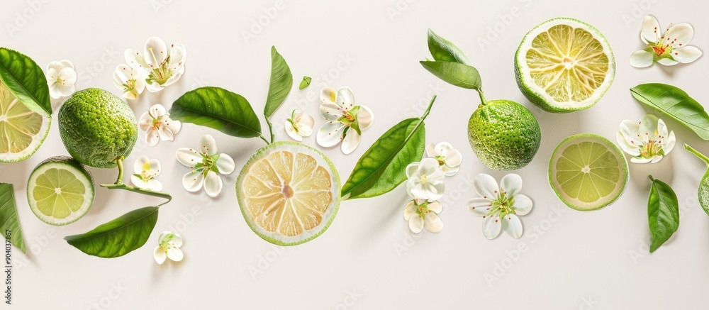 Poster Bergamot slices and flowers arranged in flight set against a white backdrop for copy space image
