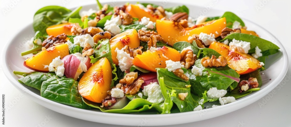 Poster vegetarian dish with spinach salad caramelized peaches walnuts and feta cheese shown in a copy space