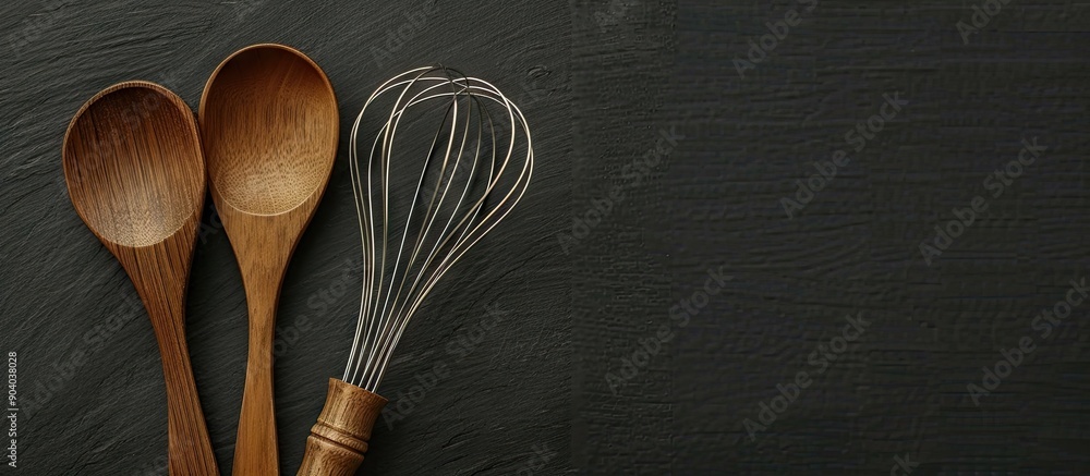 Aufkleber Three wooden spoons and a wire whisk displayed in a copy space image