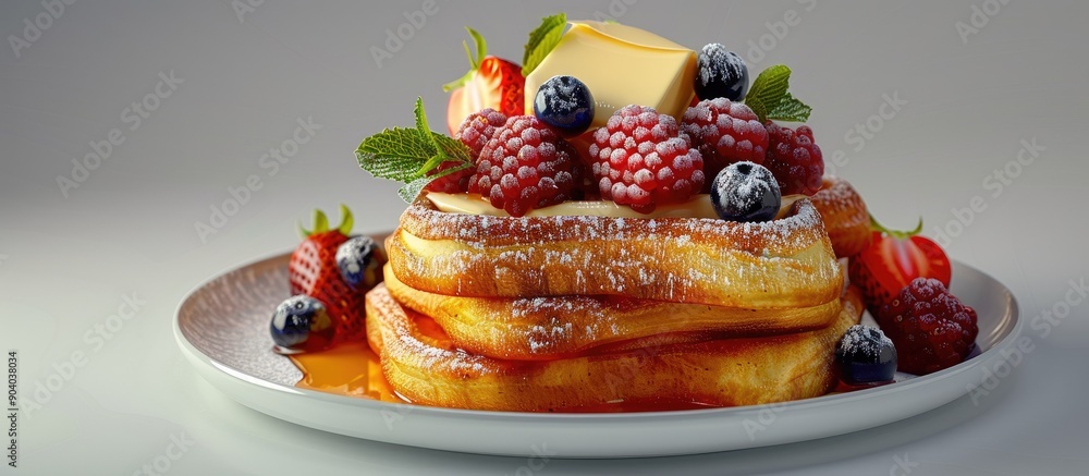 Poster delicious french toast topped with fruit and butter on a plate with a copy space image