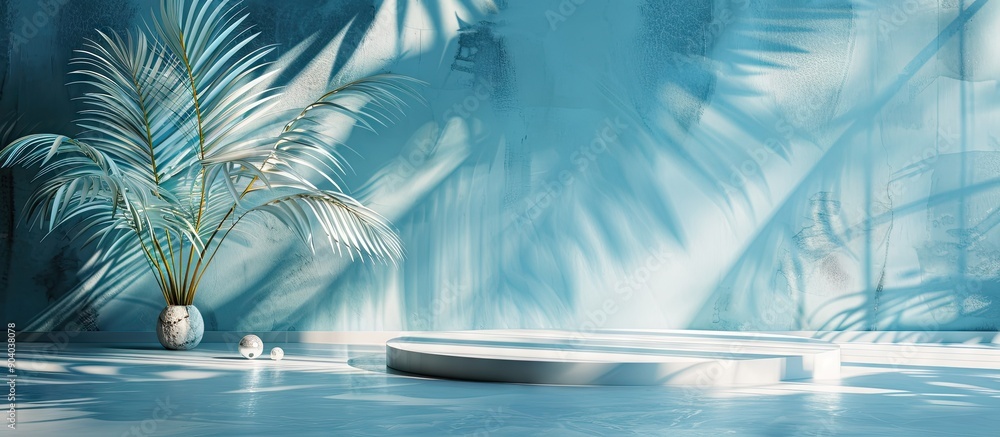 Poster studio sets a tranquil scene with a blue wall background light shining on delicate palm leaves a pod