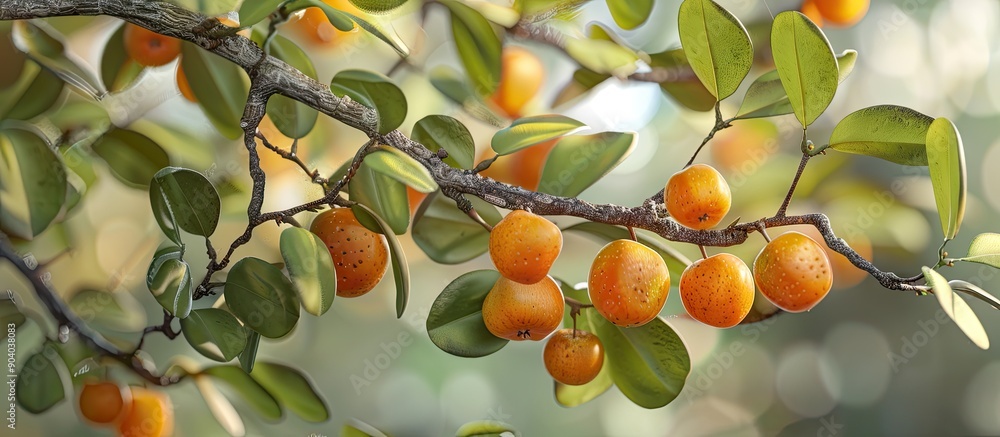 Poster Branch of Pararchidendron pruinosum displaying fruit and leaves ideal for a copy space image