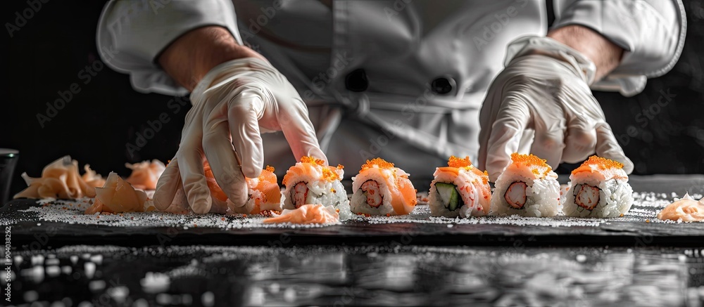 Poster closeup of a chef in gloves preparing shrimp sushi rolls on a black wooden table with a blank backgr