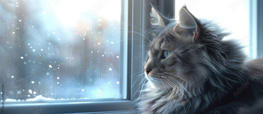 Poster A gray fluffy cat perched by a window with a blurred effect captured in a copy space image