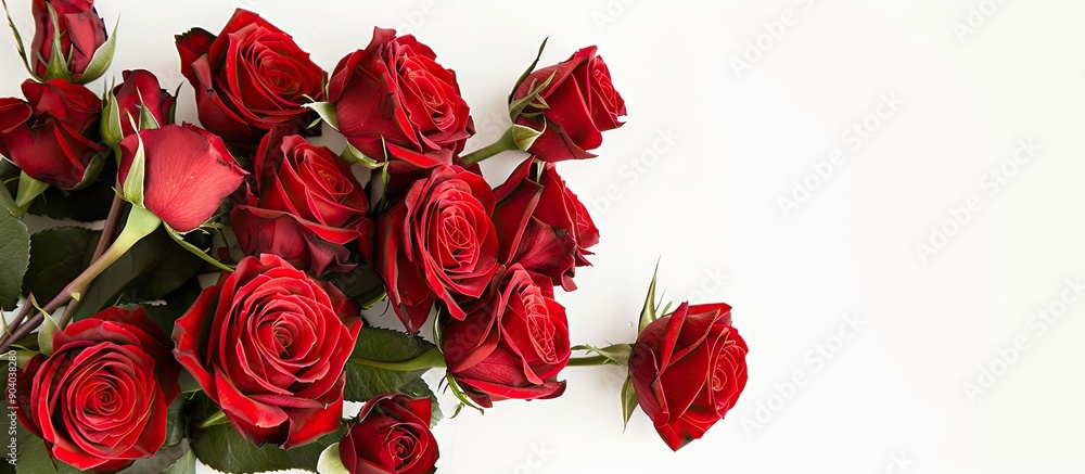Poster close up shot of a bouquet of red roses on a white backdrop with copy space image available