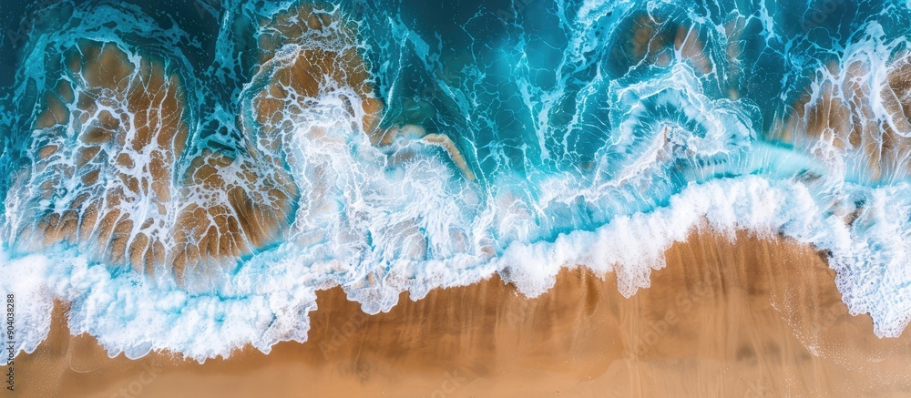 Aufkleber Aerial view captured by a drone shows waves crashing on a sandy beach creating mesmerizing patterns in the crystal clear water with white foam ideal for copy space images