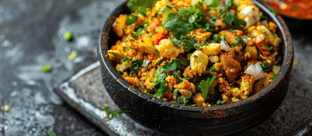 Poster close up view of egg bhurji anda bhurji served in a black bowl with salad dressing against a copy sp