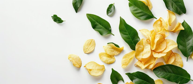 Assorted Karapincha chips and curry leaves in various sizes displayed on a white background with copy space image