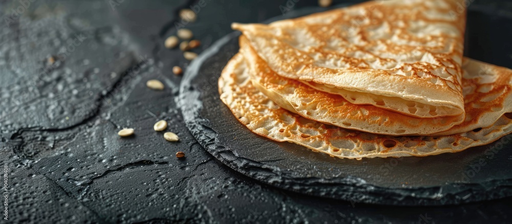 Poster tasty thin pancakes served on a sleek slate plate with copy space image