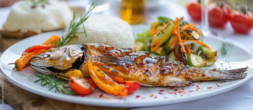 Poster baked fish with grilled vegetables rice and salad centered in a white plate with copy space image fo