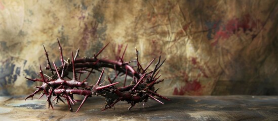 The crown of thorns and symbolic crown represent Jesus suffering portraying the transition from Savior s death to resurrected King setting the scene for Passion Week in this copy space image