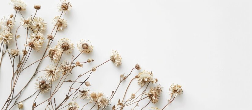 A top view of dried hawkweed Hieracium pilosella on a white background with copy space image
