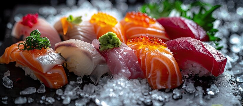 Various types of raw fish along with crushed ice and decorative leaves are beautifully arranged in a copy space image