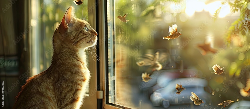 Poster a cat gazing out the window at birds with selective focus on the scene including a copy space image