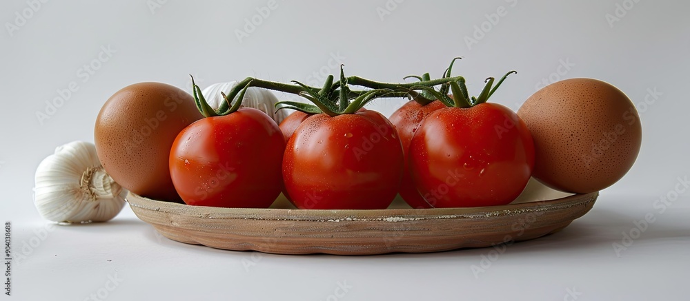 Poster close up view of five red tomatoes on a twig two eggs and a garlic head on a clay plate against a wh