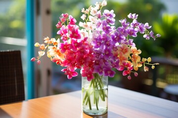 Fototapeta premium Colourful Orchid flowers in a vase on a table