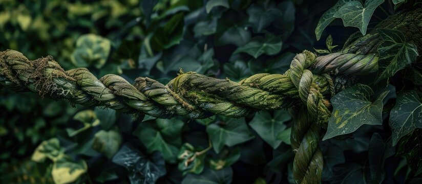 A weathered rope encircles a barkless tree covered in moss tangled and worn in the forest with lush green leaves in the backdrop perfect for a copy space image