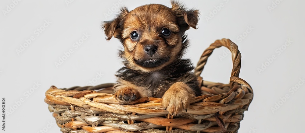 Poster A small puppy sits in a basket against a blank white backdrop providing copy space image