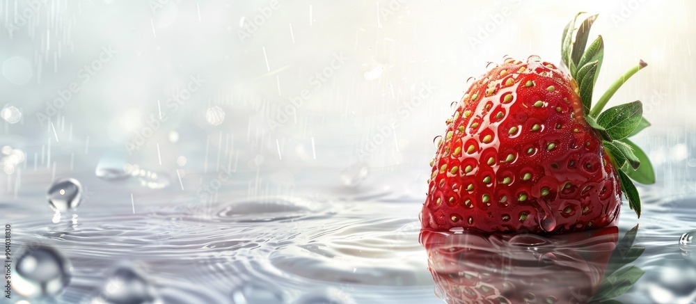 Poster Strawberry displayed with a copy space image on a white background with water around it