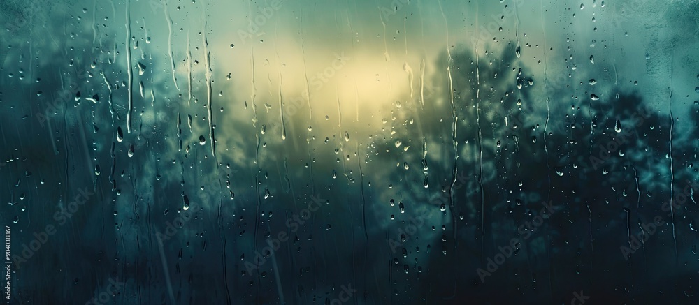 Poster observing a rainstorm through a misty window adorned with numerous raindrops providing the perfect c