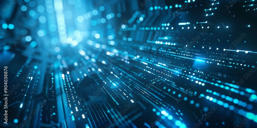 Poster high-tech visual of a digital data stream with blue lights, representing connectivity and technology